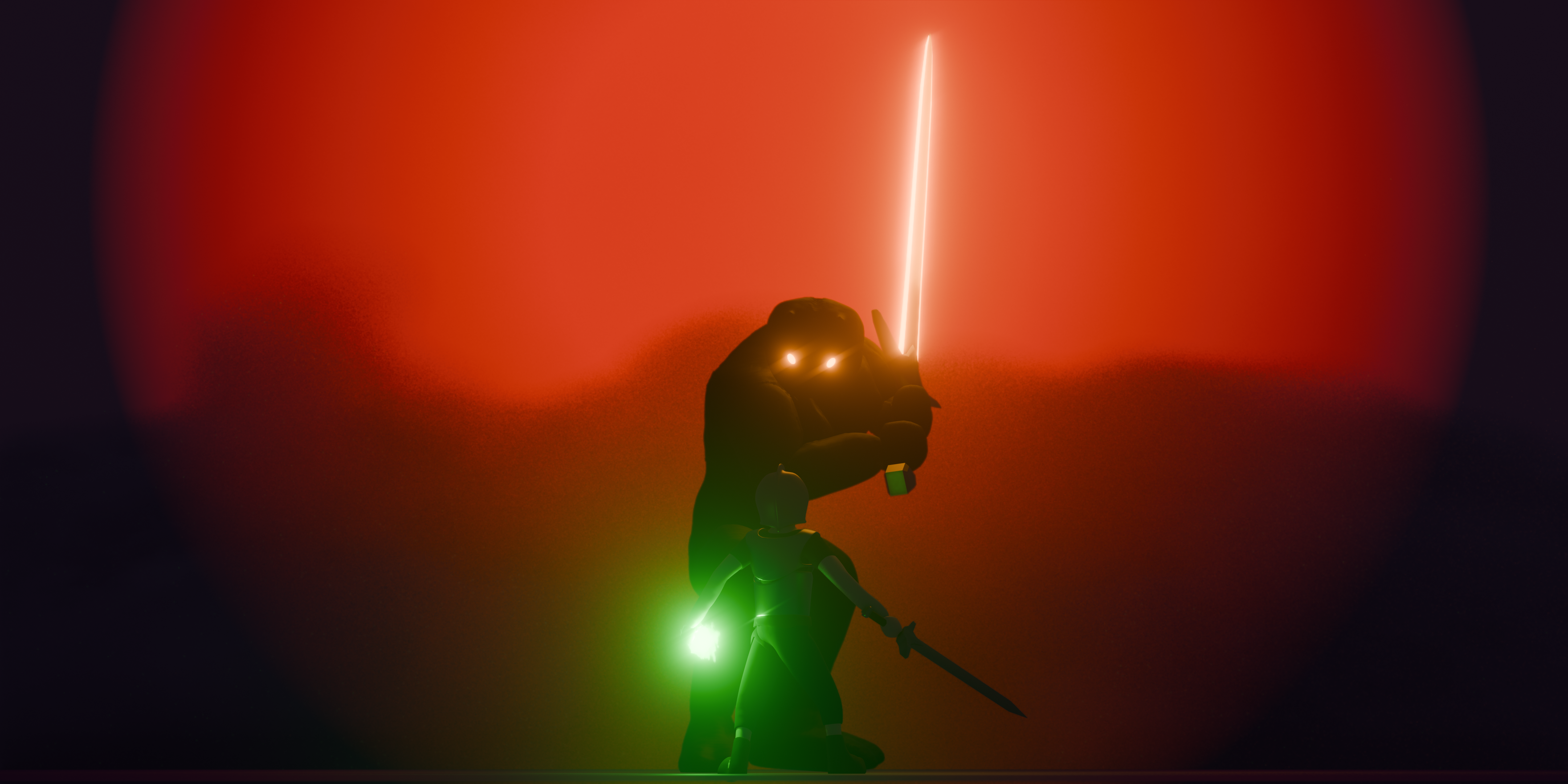 A knignt with green magic and a sword standing in front of an evil black beast with a magic sword.